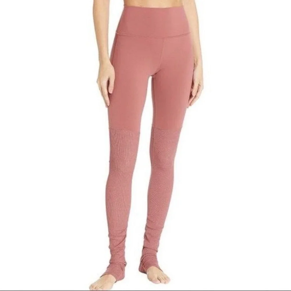 Alo Yoga High Waist‎ Goddess Leggings Dusty Rose Ribbed Ruched Women Medium